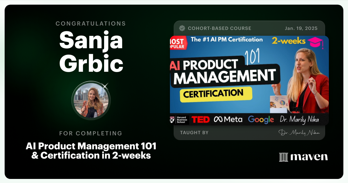 Certificate of Completion for AI Product Management 101 & Certification - Building AI Products end-to-end