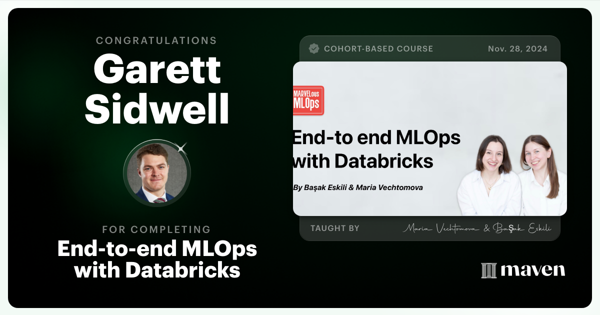 Certificate of Completion for End-to-end MLOps with Databricks