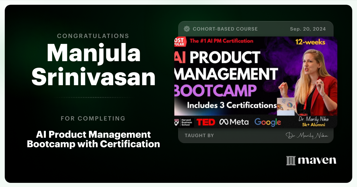 Certificate of Completion for AI Product Management Bootcamp & Certification by AI Product Academy