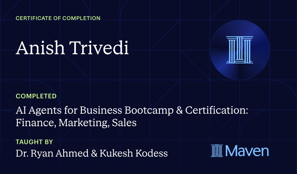 Certificate for Mastering AI Agents for Business & Finance Bootcamp & Certification