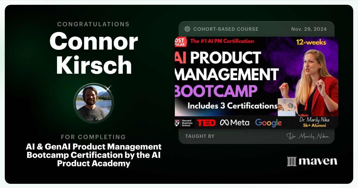 Certificate of Completion for AI Product Management Bootcamp & Certification by AI Product Academy