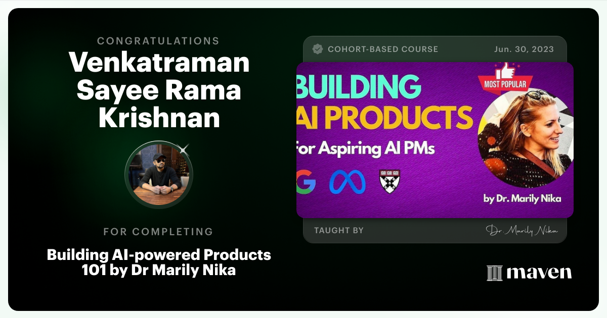 Certificate of Completion for AI Product Management 101 & Certification - Building AI Products end-to-end