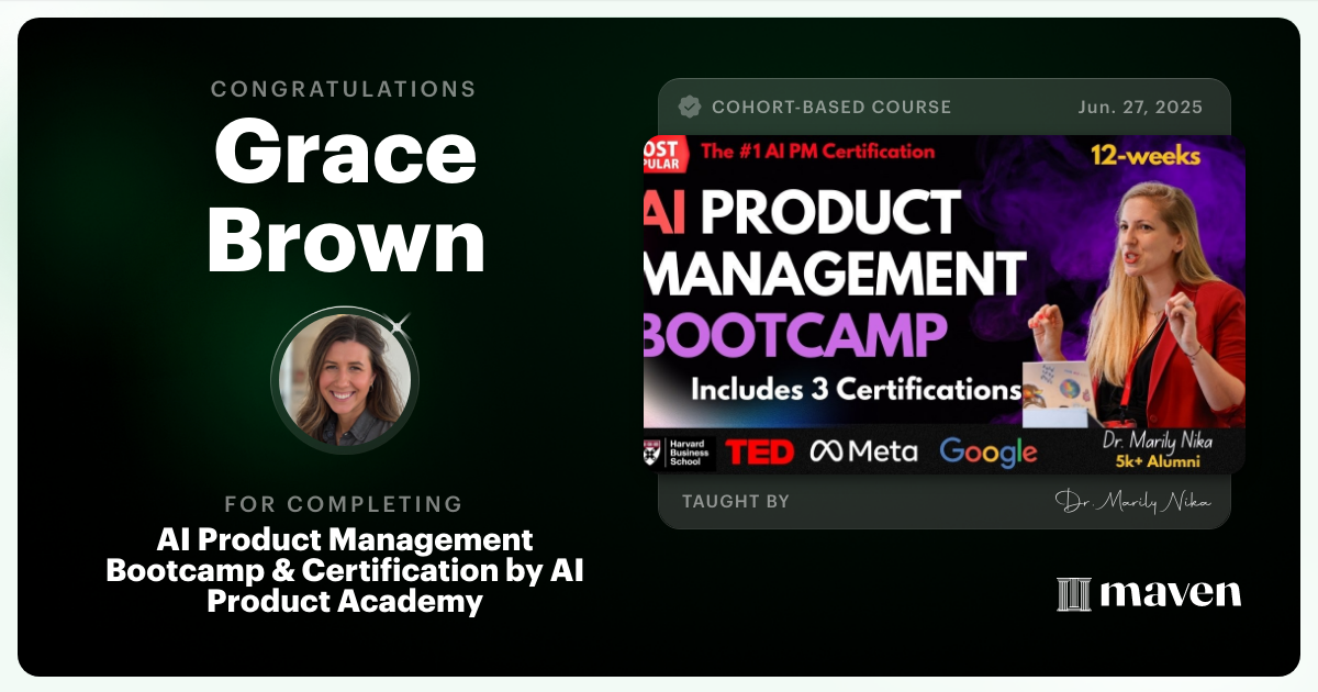 Certificate of Completion for AI Product Management Bootcamp & Certification by AI Product Academy