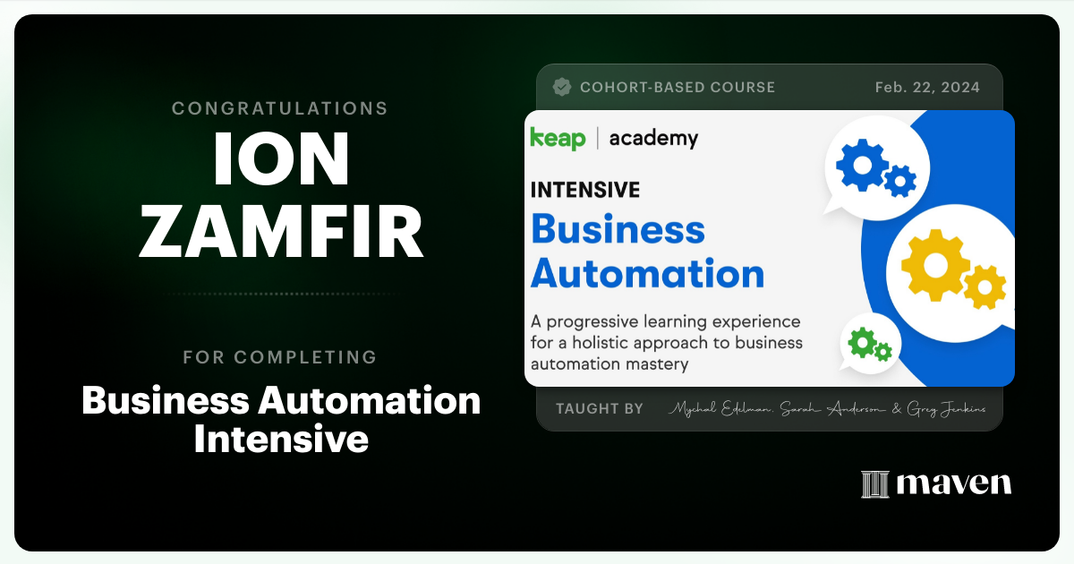 Certificate of Completion for Business Automation Intensive