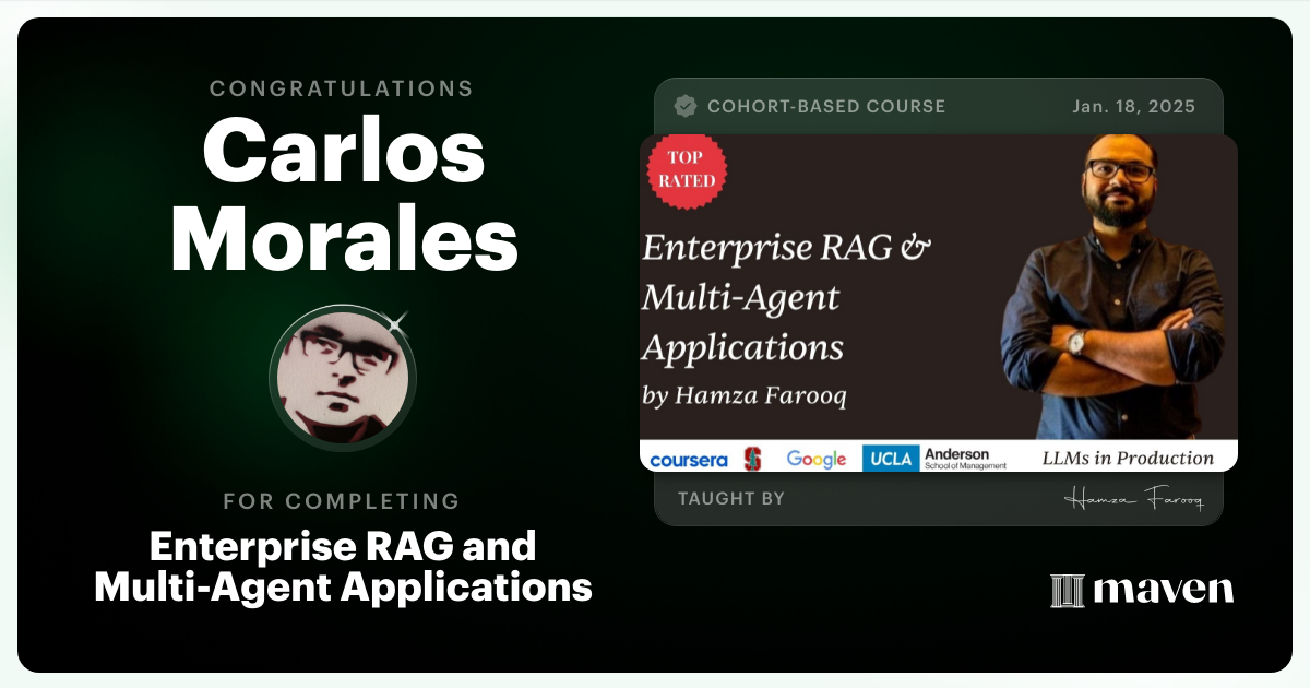 Certificate of Completion for Agent Engineering Bootcamp: Developers Edition
