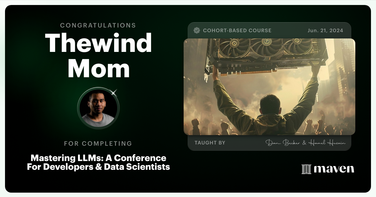 Certificate of Completion for Mastering LLMs For Developers & Data Scientists