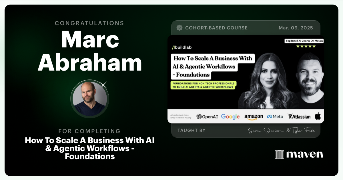 Certificate of Completion for How To Scale A Business With AI & Agentic Workflows - Foundations