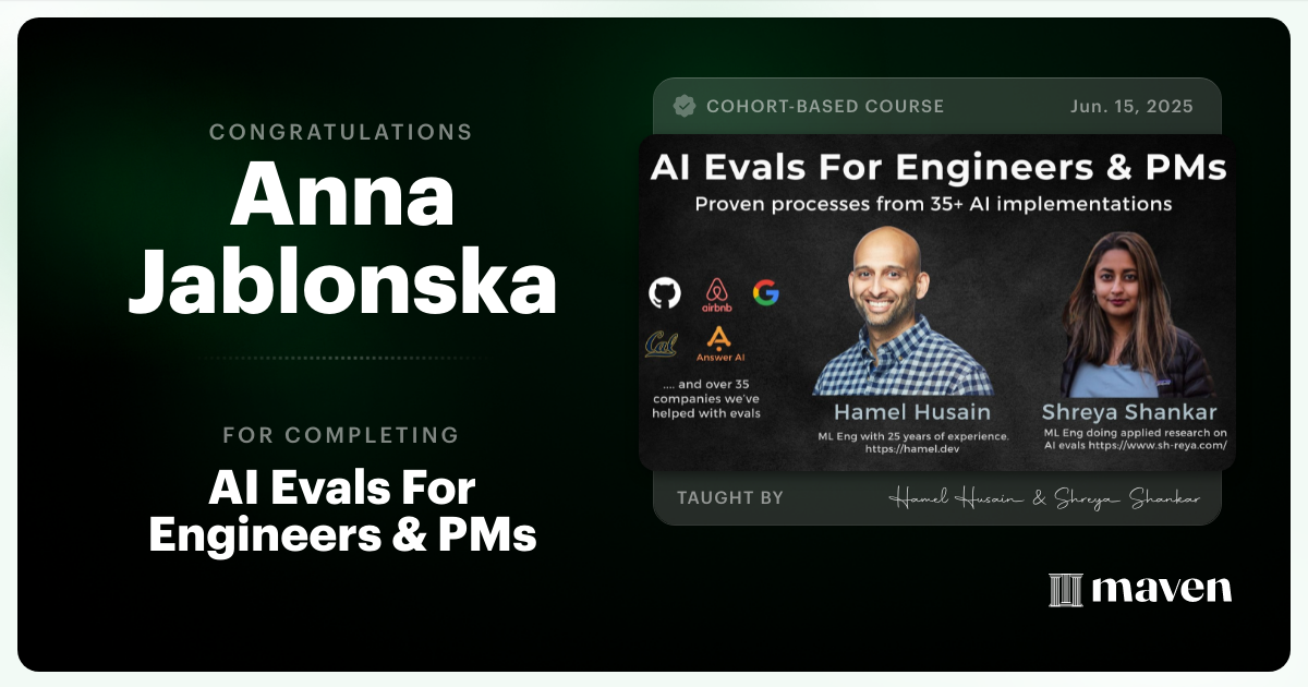 Certificate of Completion for AI Evals For Engineers & PMs