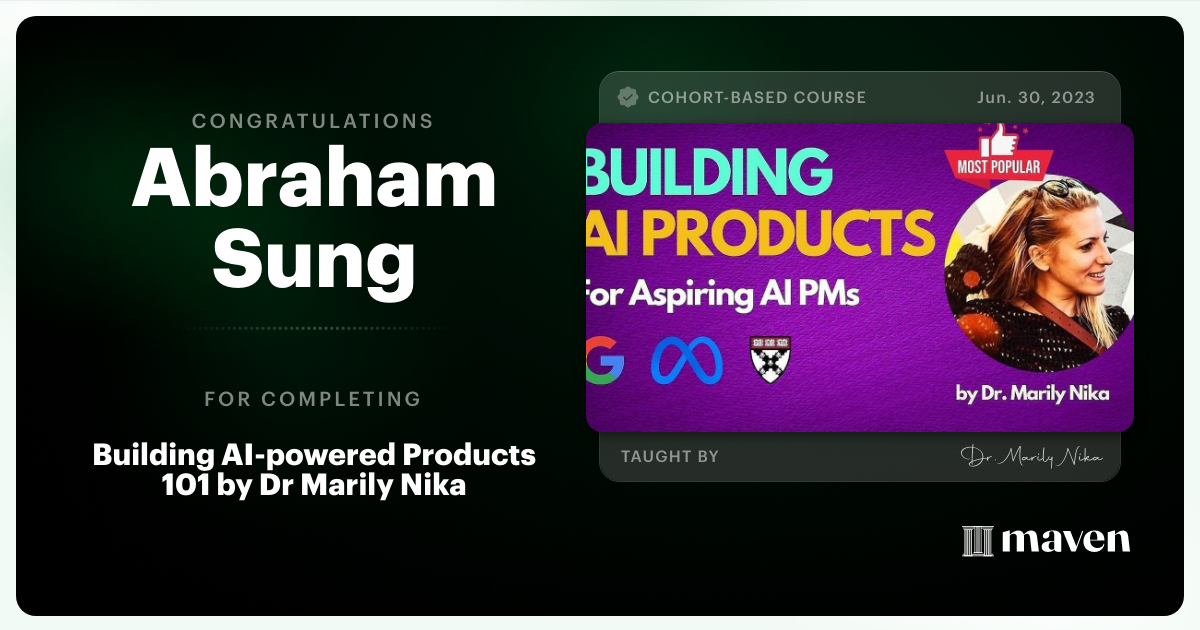 Certificate of Completion for AI Product Management 101 & Certification - Building AI Products end-to-end