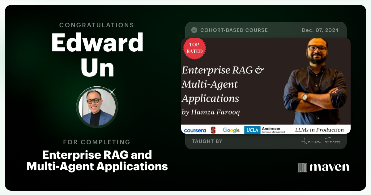 Certificate of Completion for Agent Engineering Bootcamp: Developers Edition