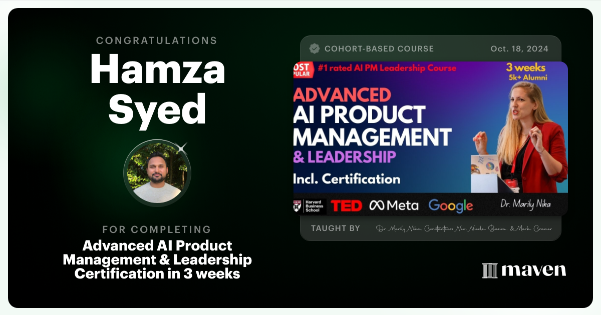 Certificate of Completion for Advanced AI Product Leadership Certification