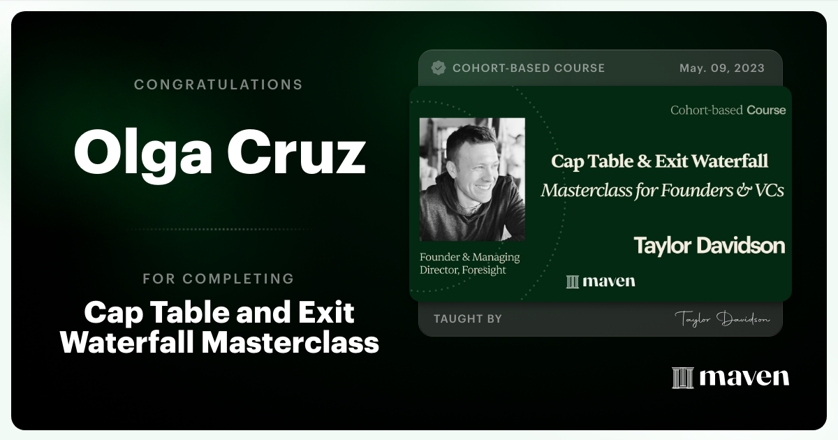 Certificate of Completion for Cap Table and Exit Waterfall Masterclass