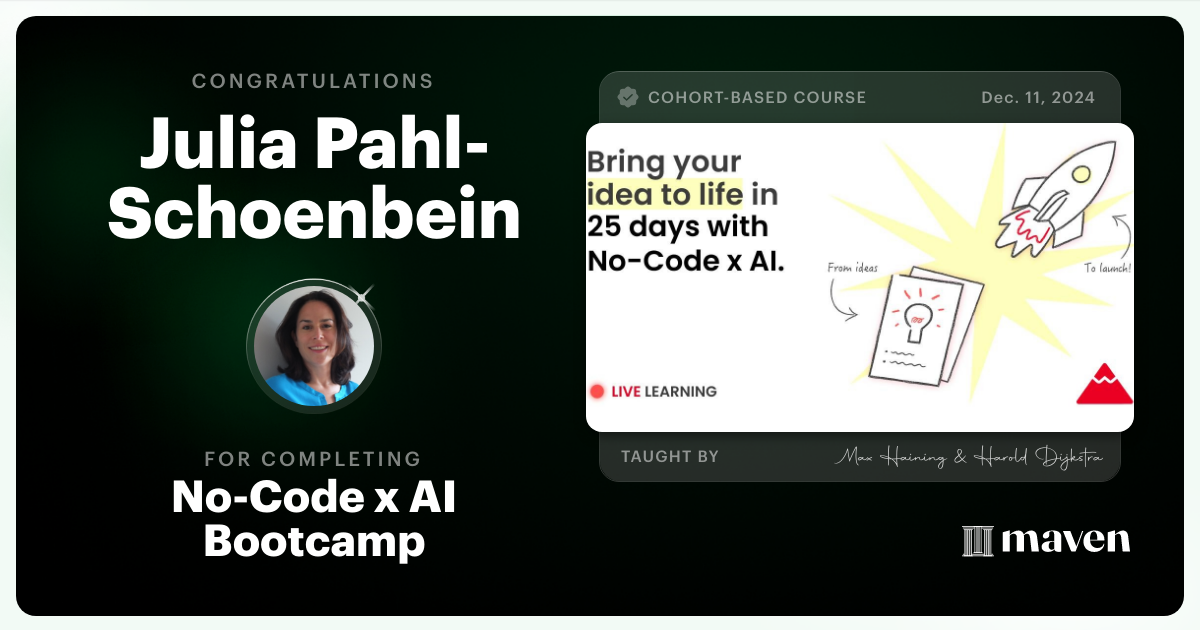 Certificate of Completion for No-Code x AI Bootcamp