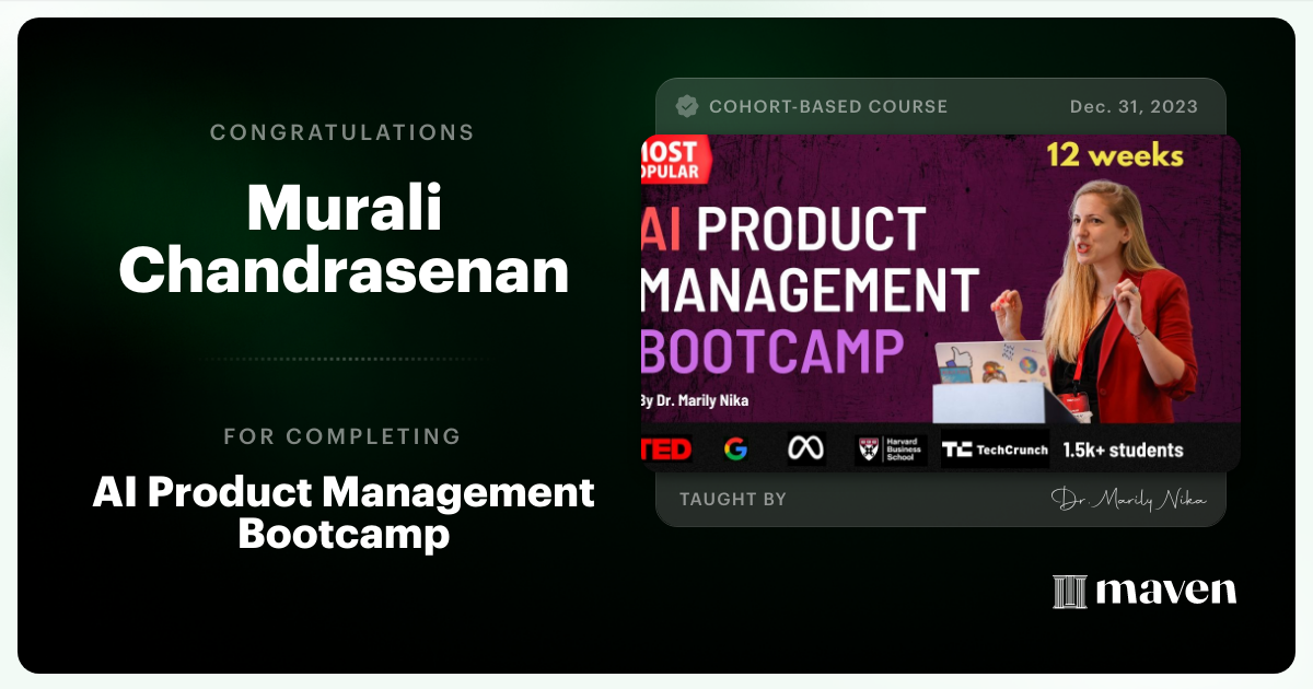 Certificate of Completion for AI Product Management Bootcamp & Certification by AI Product Academy