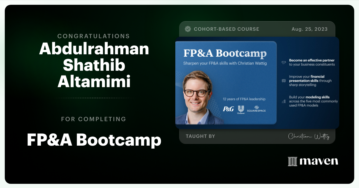 Certificate of Completion for FP&A Bootcamp