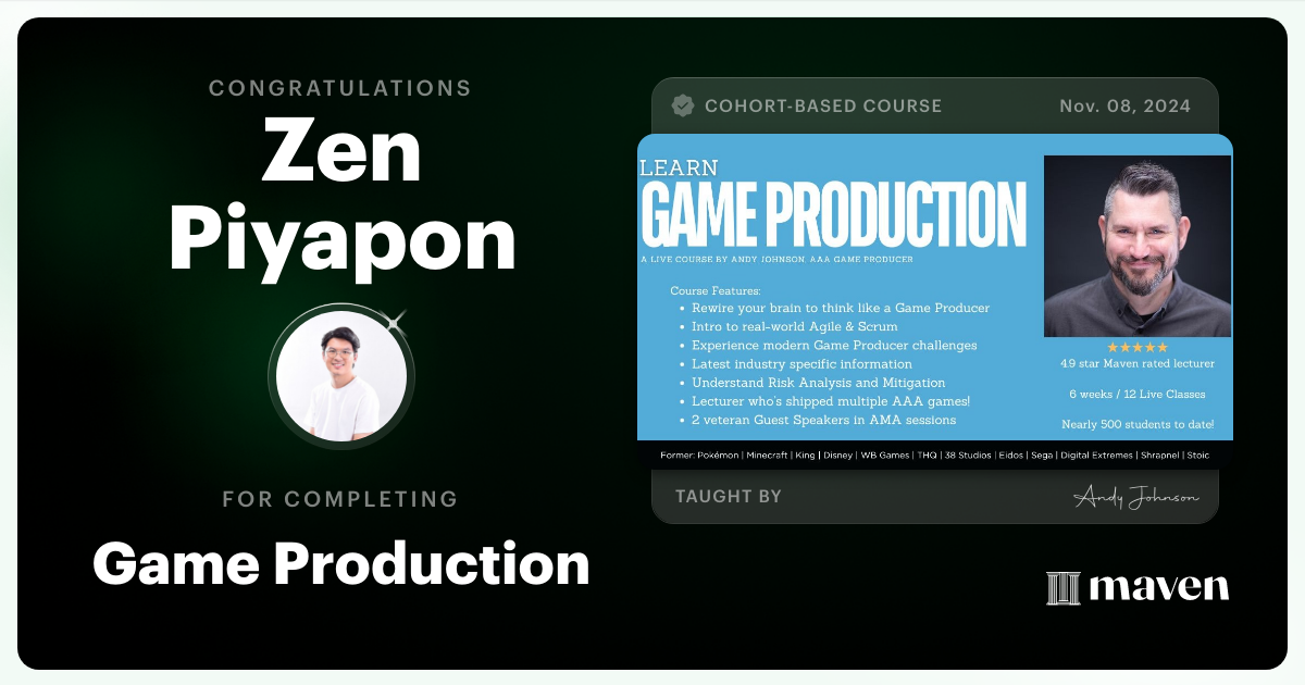 Certificate of Completion for Game Production – Think Like a Game Producer & Ship Games!