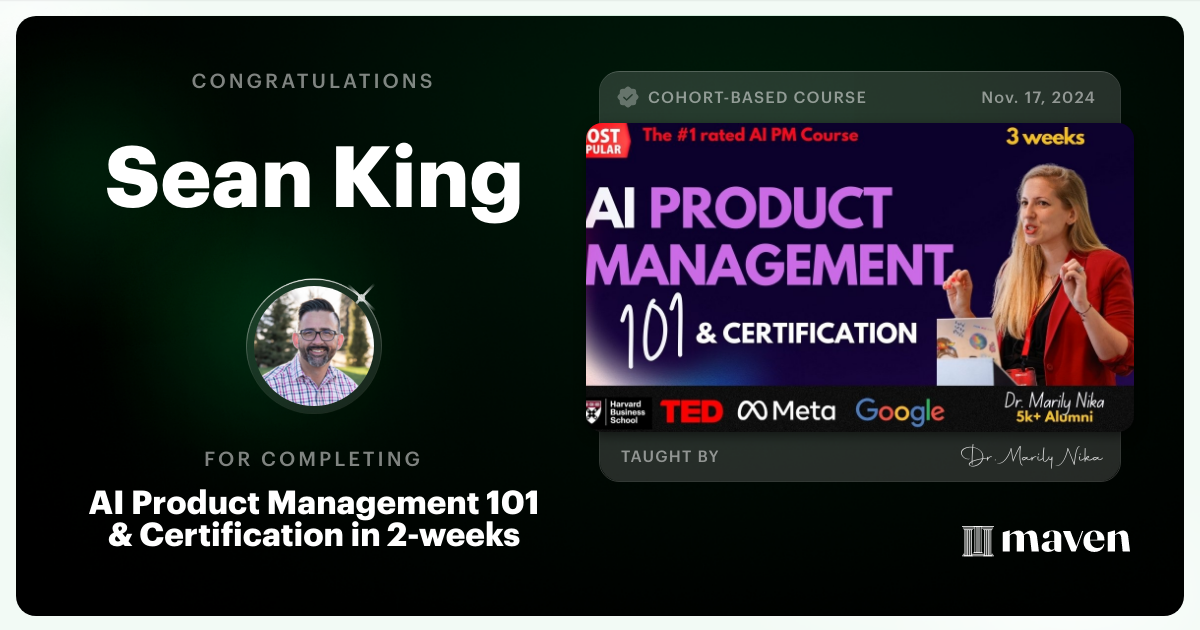 Certificate of Completion for AI Product Management 101 & Certification - Building AI Products end-to-end
