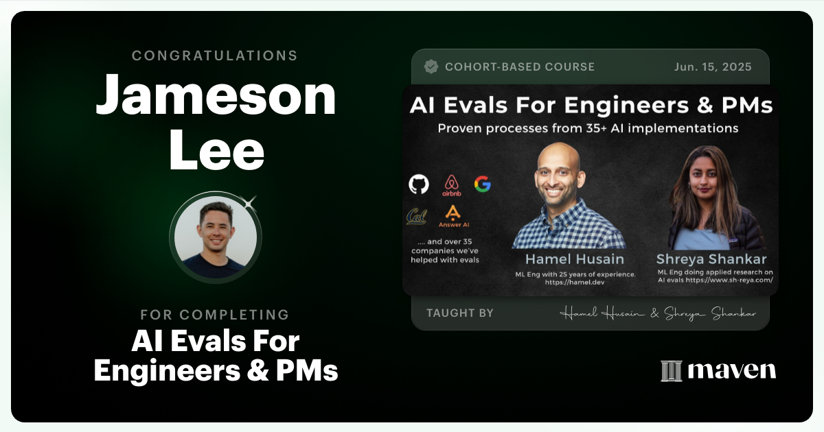 Certificate of Completion for AI Evals For Engineers & PMs