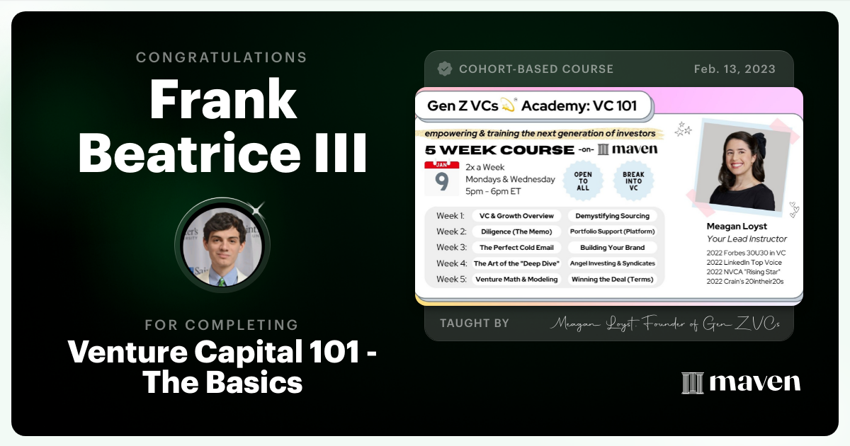 Certificate of Completion for Venture Capital 101 - The Basics