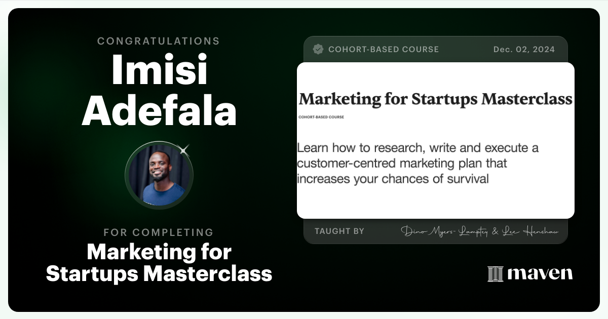 Certificate of Completion for Marketing for Startups Masterclass