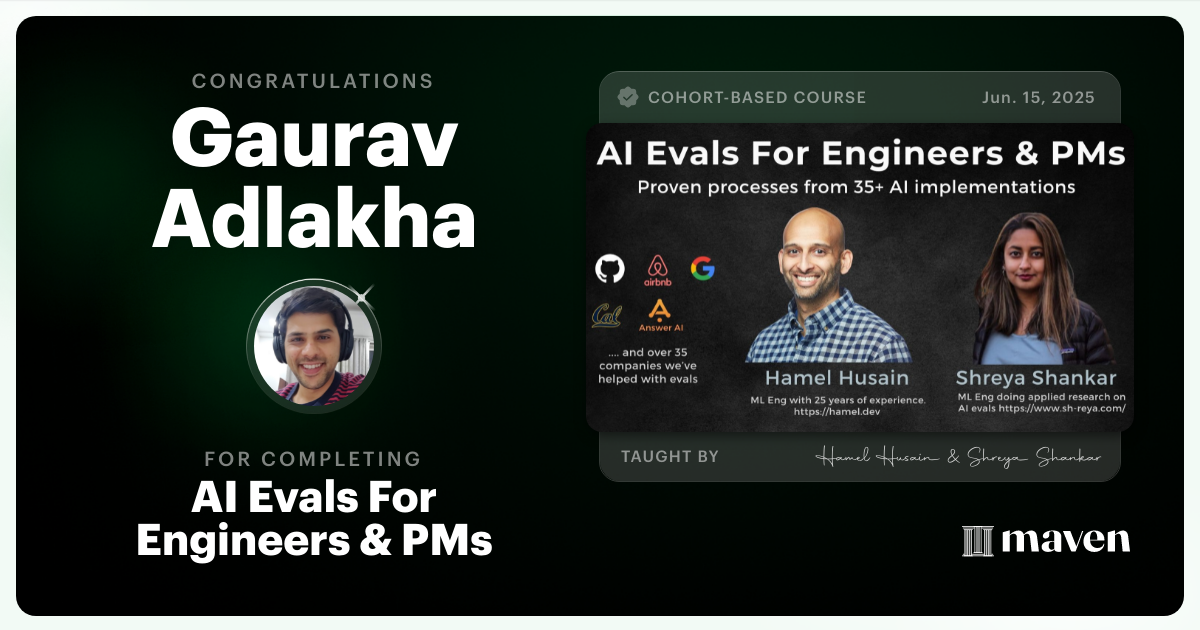 Certificate of Completion for AI Evals For Engineers & PMs