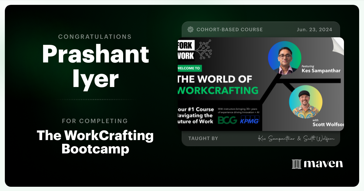 Certificate of Completion for The WorkCrafting Bootcamp
