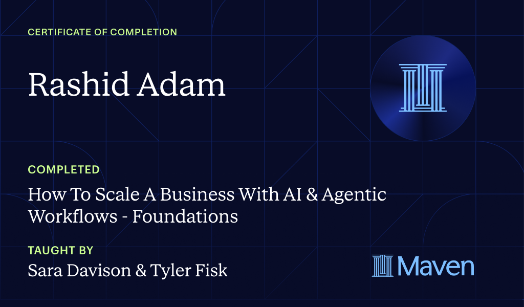 Certificate for How To Scale A Business With AI & Agentic Workflows - Foundations