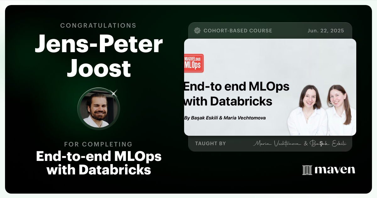 Certificate of Completion for End-to-end MLOps with Databricks
