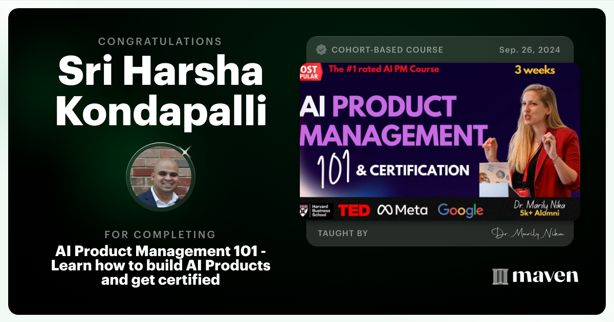 Certificate of Completion for AI Product Management 101 & Certification - Building AI Products end-to-end