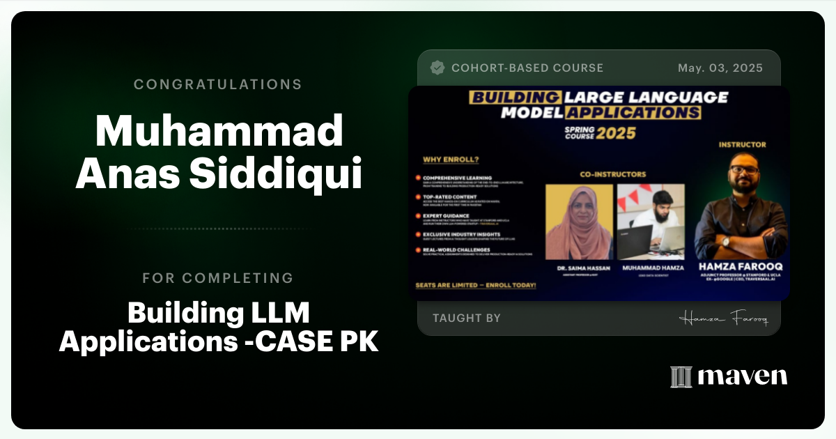 Certificate of Completion for Building LLM Applications -CASE PK