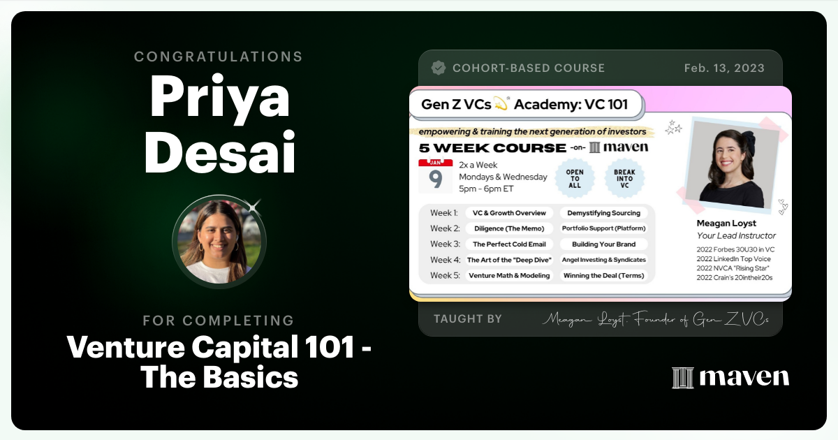 Certificate of Completion for Venture Capital 101 - The Basics