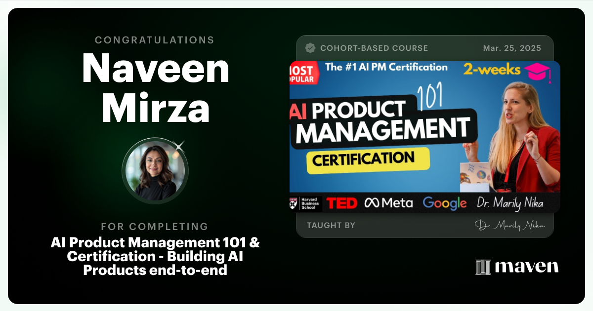 Certificate of Completion for AI Product Management 101 & Certification - Building AI Products end-to-end