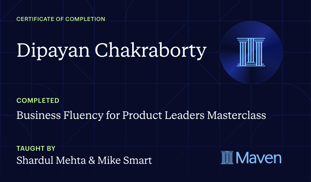 Certificate for Business Fluency for Product Leaders Masterclass