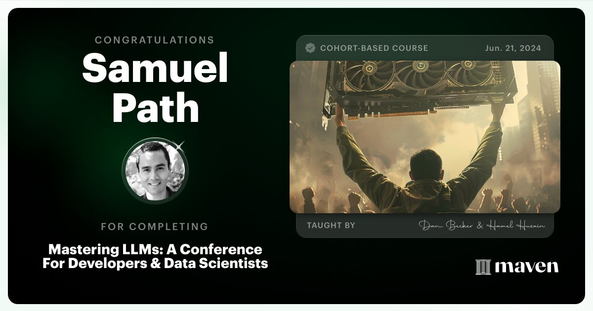 Certificate of Completion for Mastering LLMs For Developers & Data Scientists