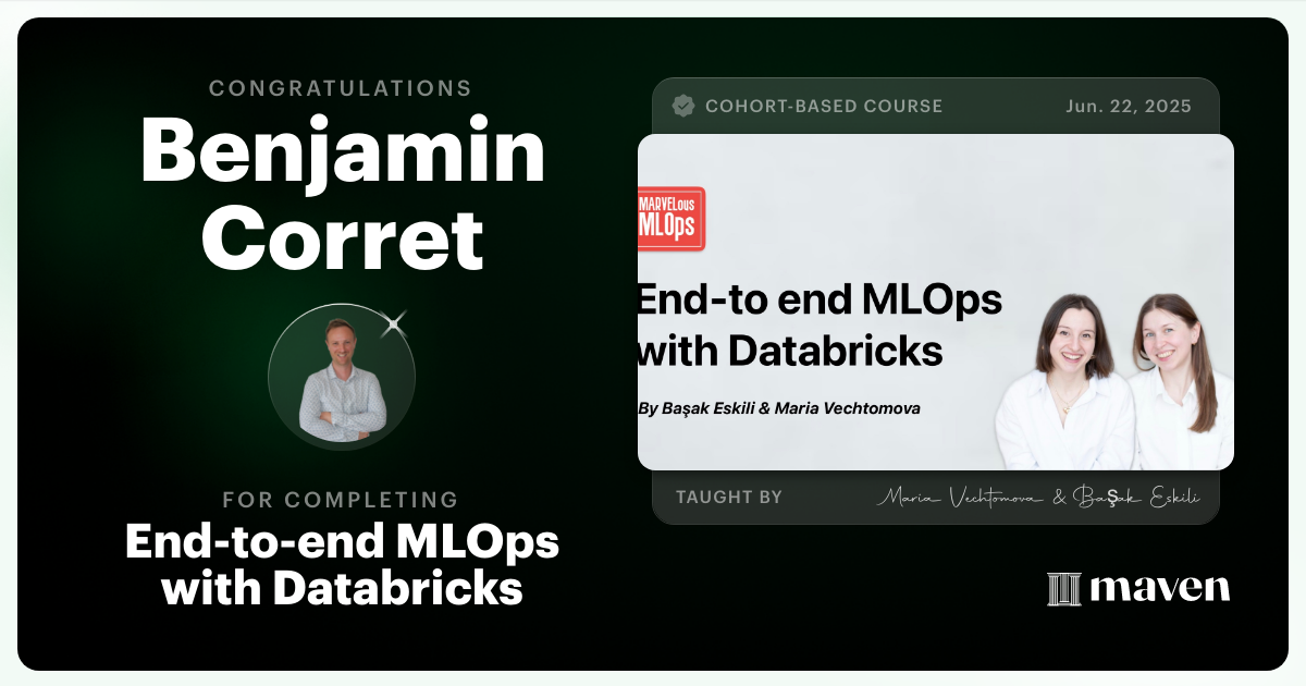 Certificate of Completion for End-to-end MLOps with Databricks