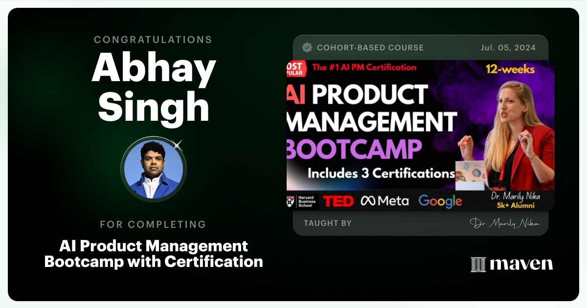 Certificate of Completion for AI Product Management Bootcamp & Certification by AI Product Academy