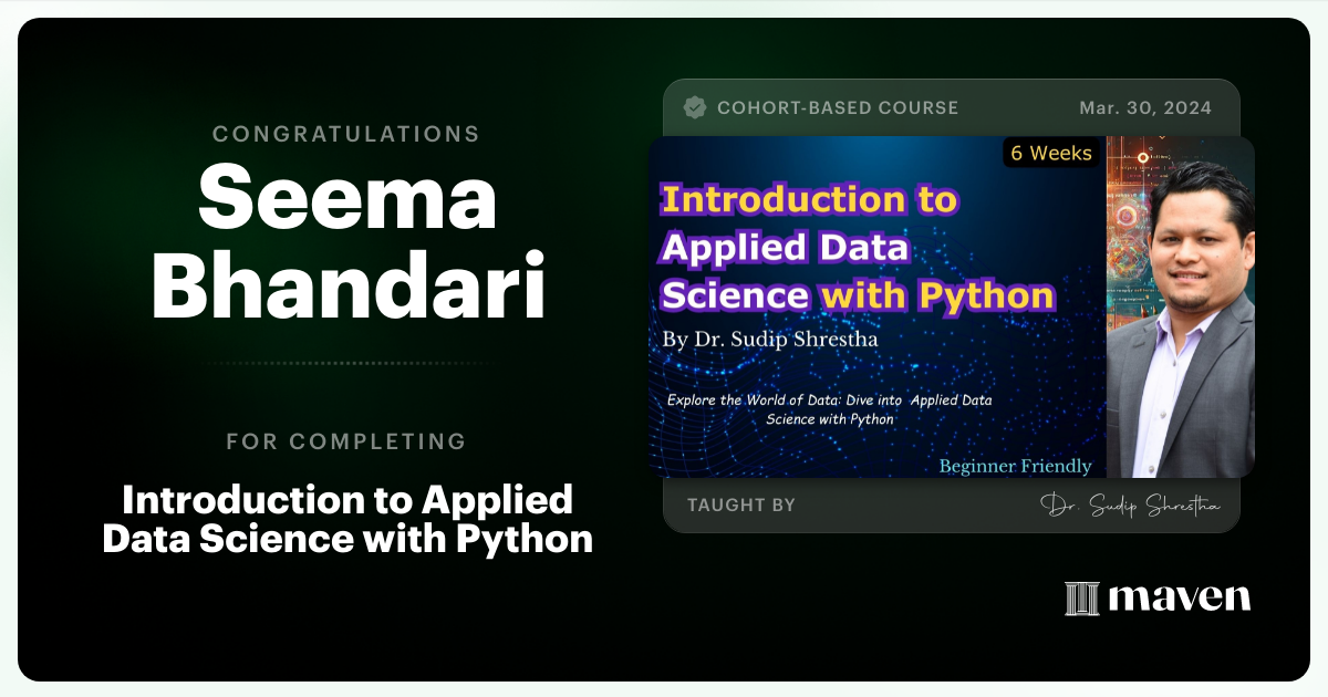 Certificate of Completion for Introduction to Applied Data Science with Python 