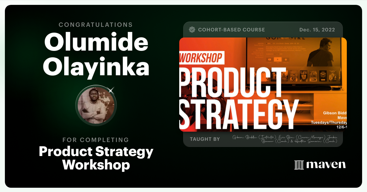 Certificate of Completion for Product Strategy Workshop 2022
