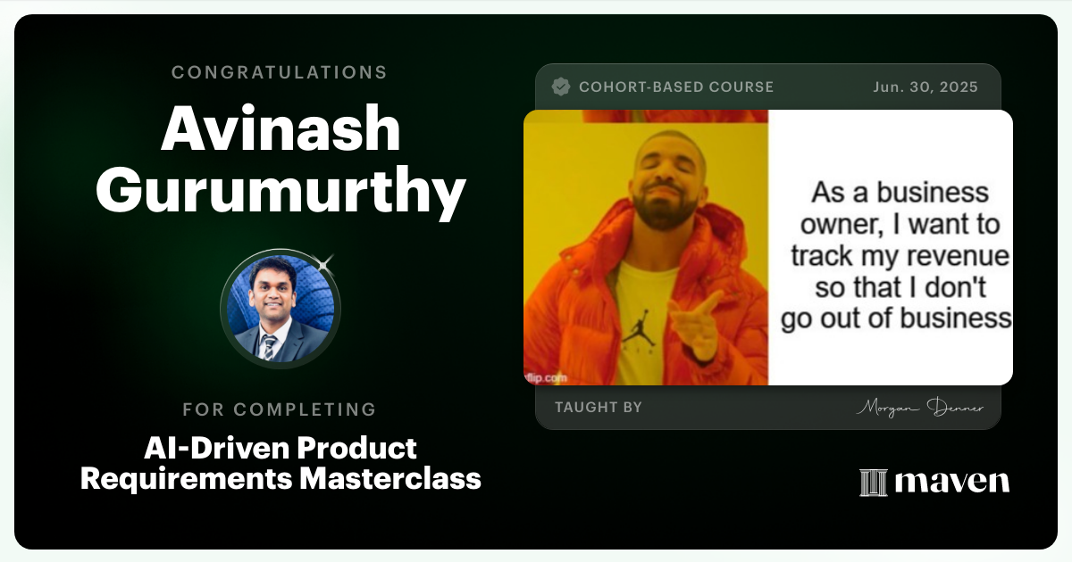 Certificate of Completion for AI-Enabled Product Requirements Masterclass