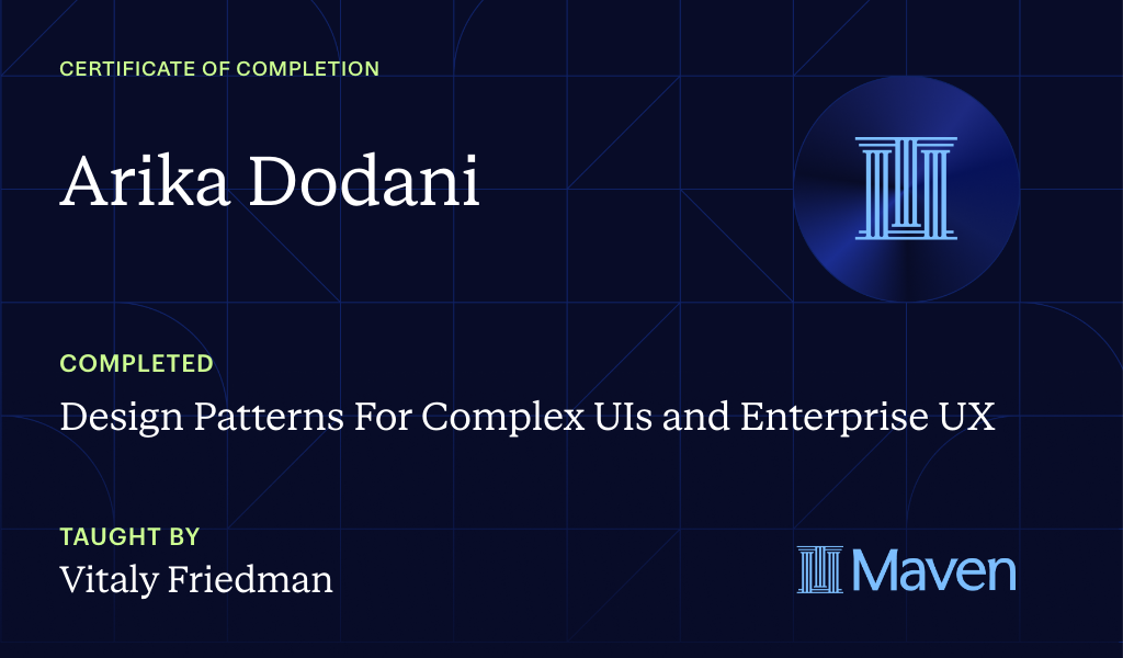 Certificate for Design Patterns For Complex UIs and Enterprise UX