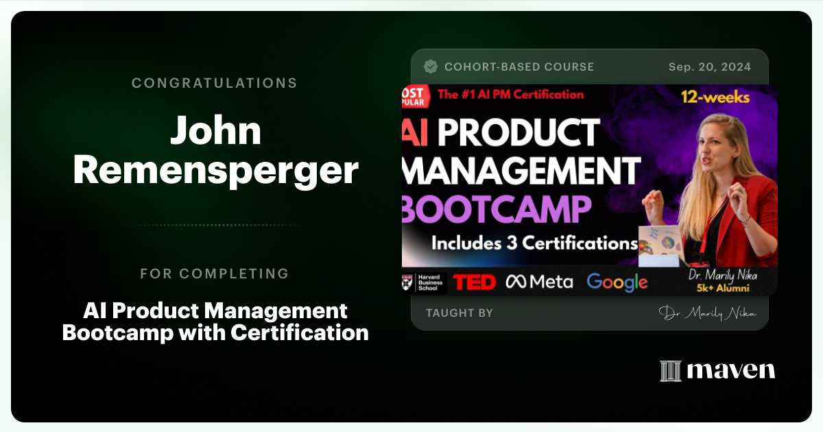 Certificate of Completion for AI Product Management Bootcamp & Certification by AI Product Academy