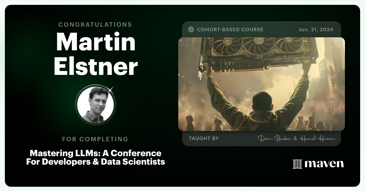 Certificate of Completion for Mastering LLMs For Developers & Data Scientists