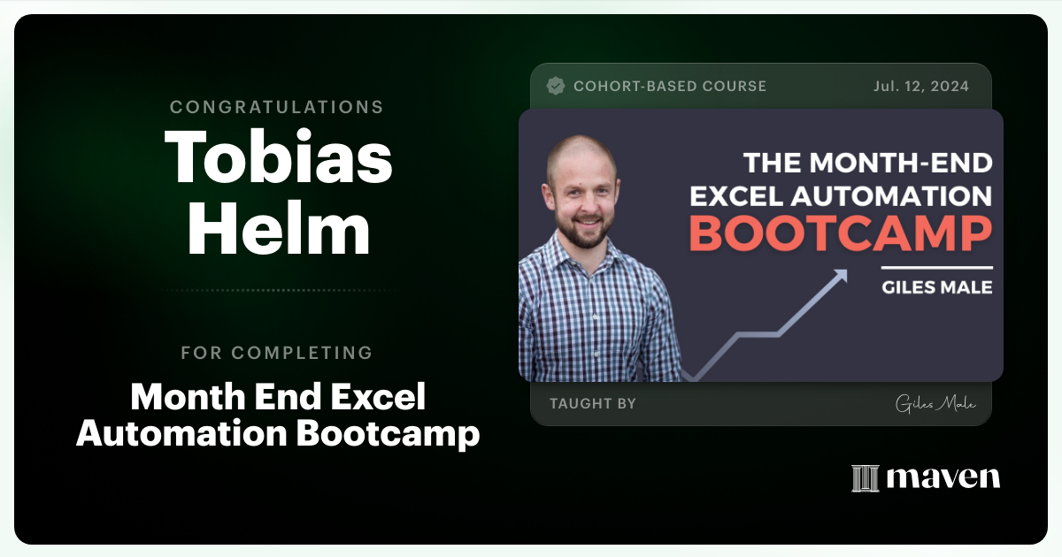 Certificate of Completion for Month End Excel Automation Bootcamp