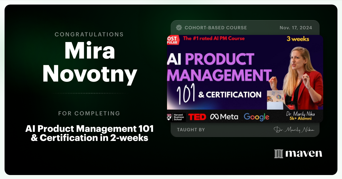 Certificate of Completion for AI Product Management 101 & Certification - Building AI Products end-to-end