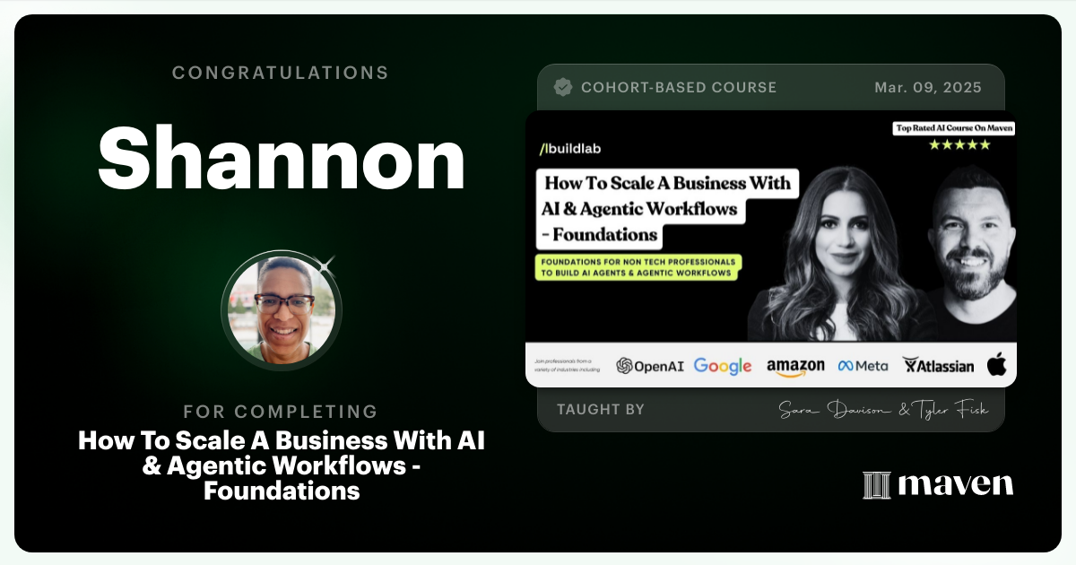 Certificate of Completion for How To Scale A Business With AI & Agentic Workflows - Foundations