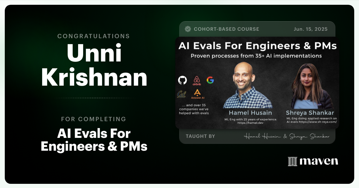 Certificate of Completion for AI Evals For Engineers & PMs