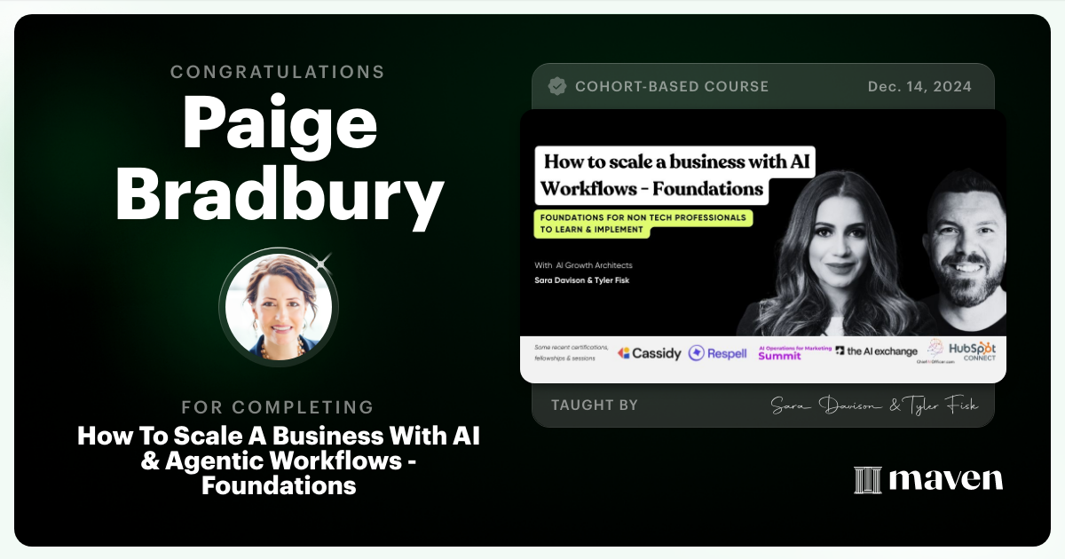 Certificate of Completion for How To Scale A Business With AI & Agentic Workflows - Foundations