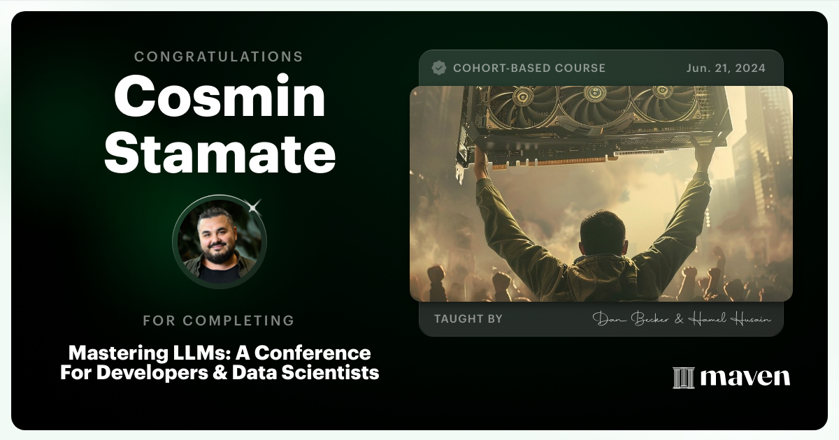 Certificate of Completion for Mastering LLMs For Developers & Data Scientists