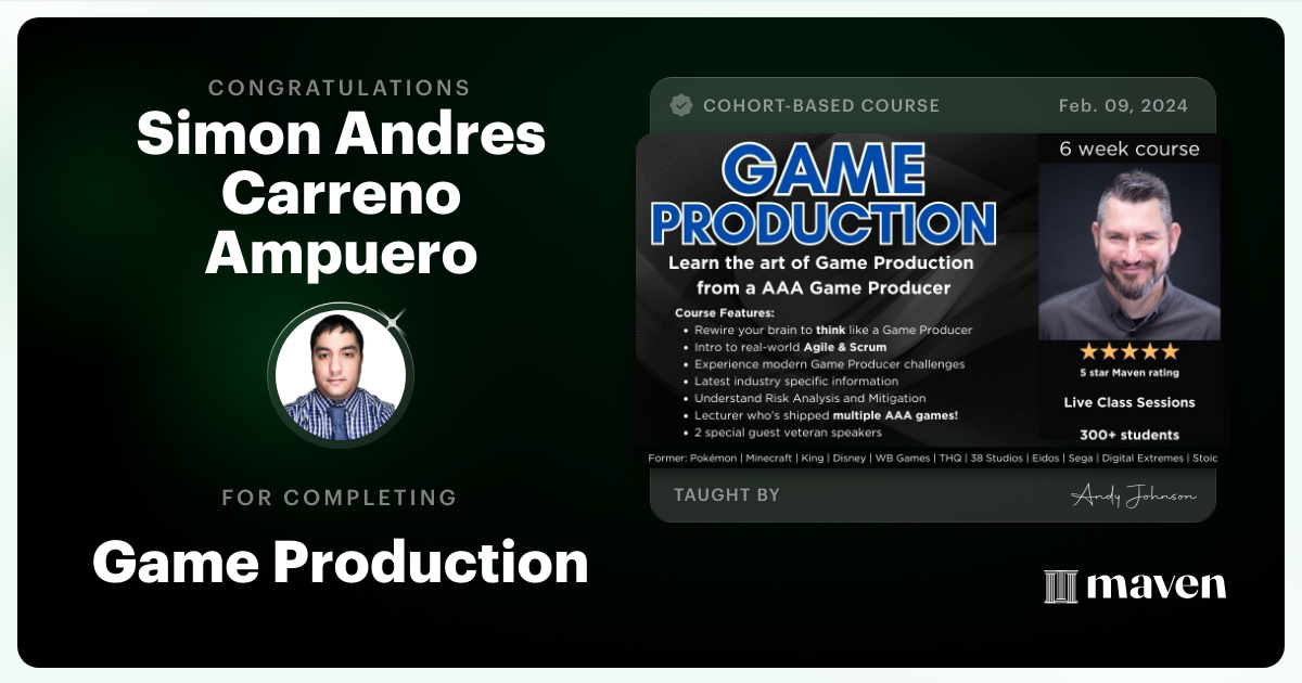 Certificate of Completion for Game Production – Think Like a Game Producer & Ship Games!