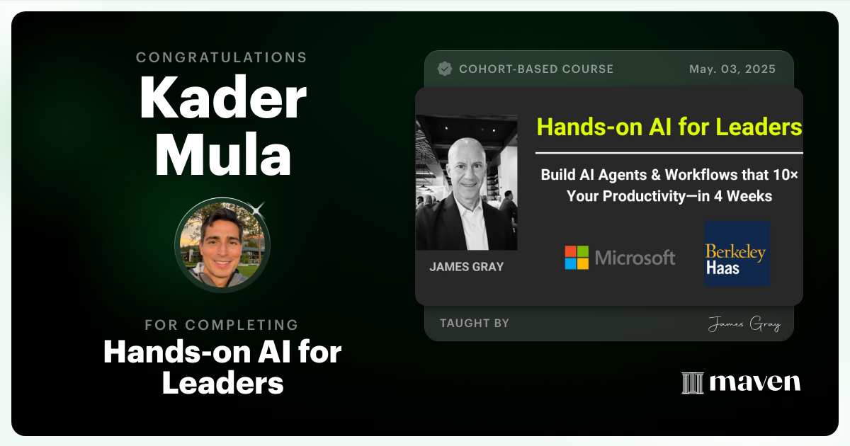 Certificate of Completion for Hands-on Agentic AI for Leaders